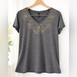 Gray V-Neck Floral Graphic Tee | Gold Line Art | Casual Chic